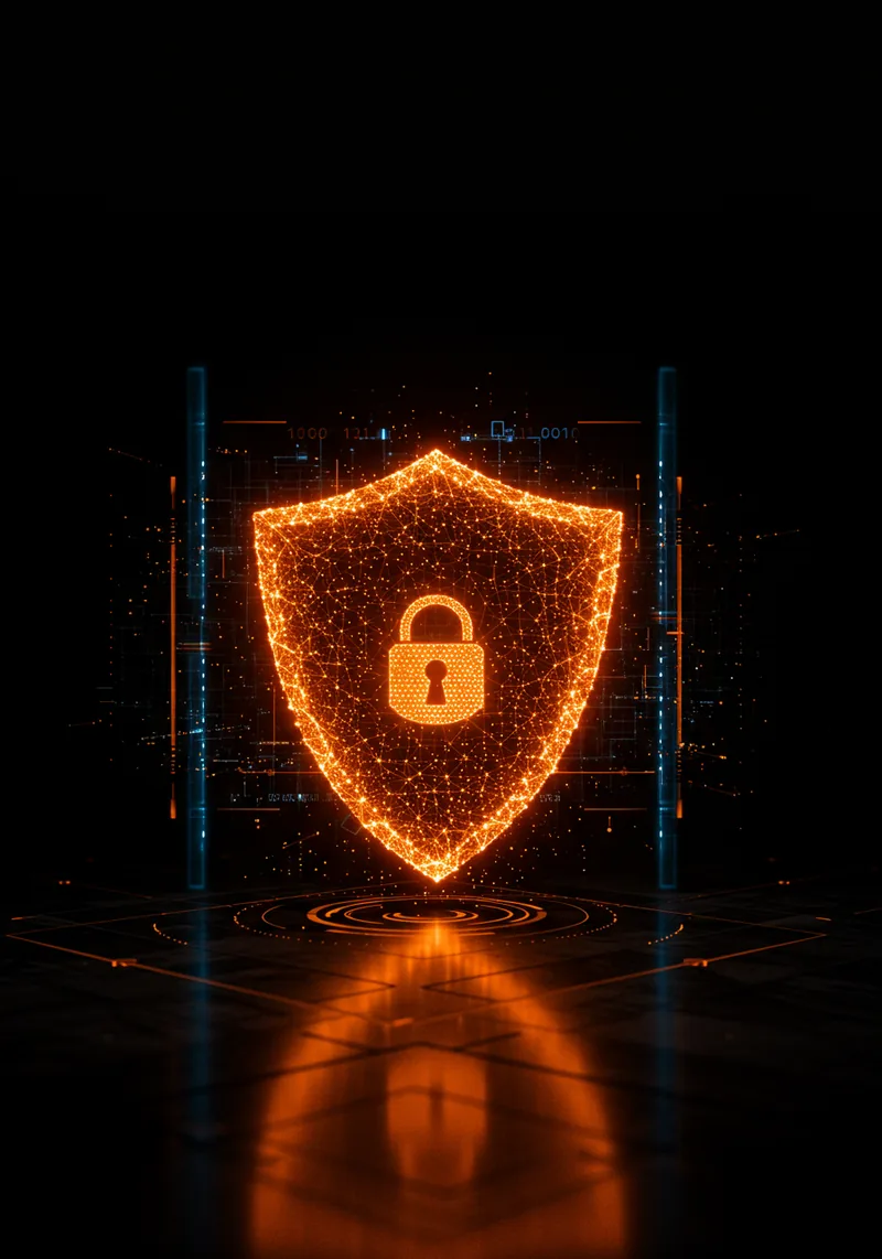 Website maintenance and security Glowing orange shield and padlock against a dark background
